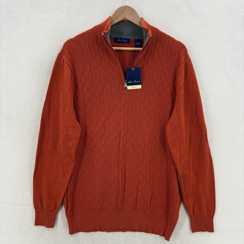 Alan Flusser Sweater Mens Large Orange Cotton 1/4 Zip Mock Neck Knit Herringbone